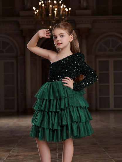 Additional product view of One-Shoulder Sequin A-Line Mesh Midi Tween Girls' Party Dress