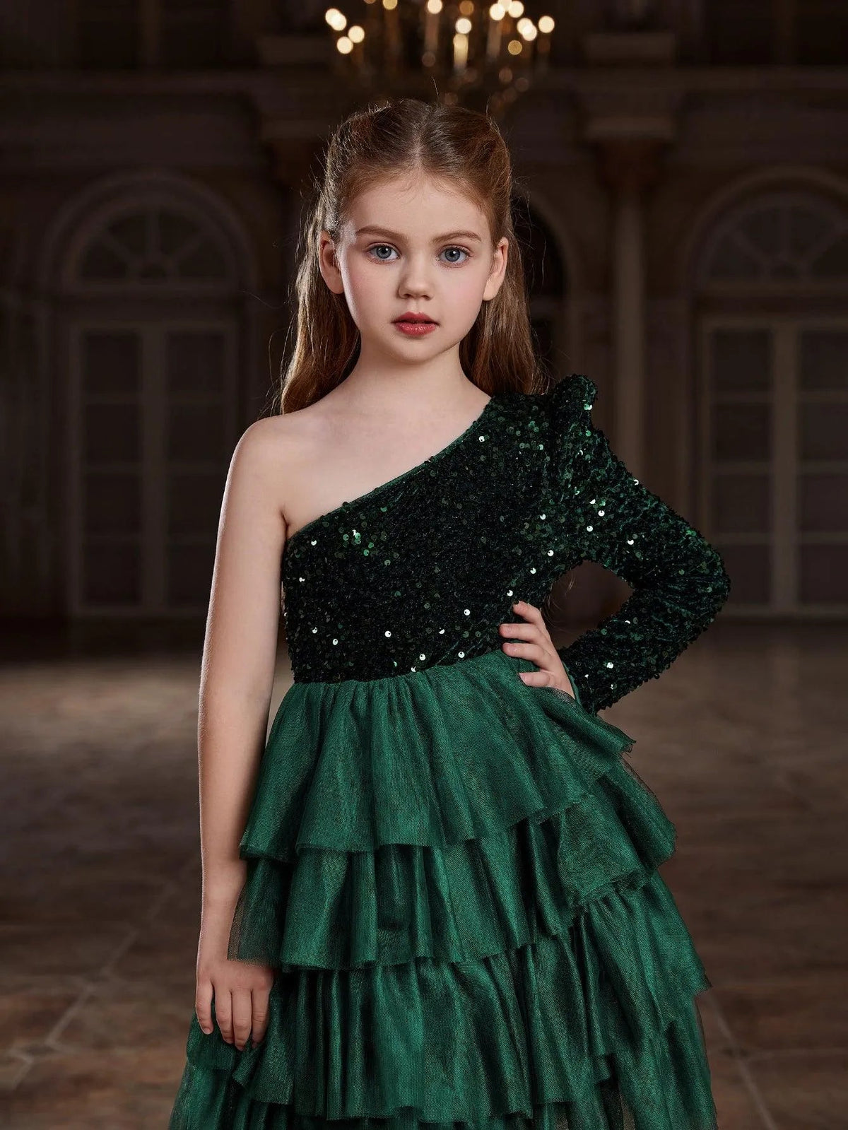 Additional product view of One-Shoulder Sequin A-Line Mesh Midi Tween Girls' Party Dress