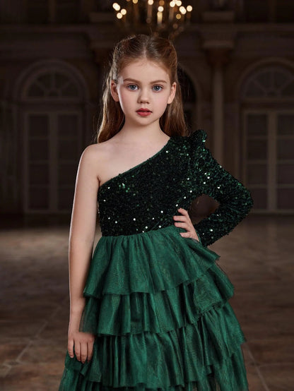 Additional product view of One-Shoulder Sequin A-Line Mesh Midi Tween Girls' Party Dress