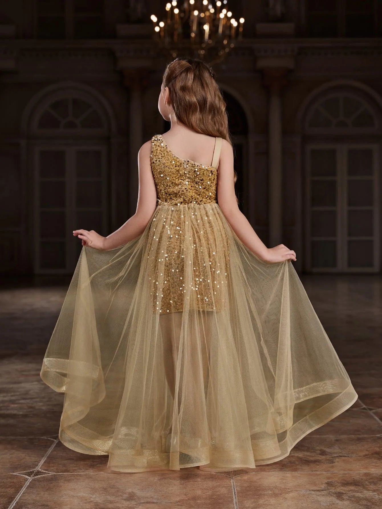 Additional product view of Mesh Overlay Asymmetrical Neckline Sequin A-Line Sleeveless Tween Girls' Party Dress