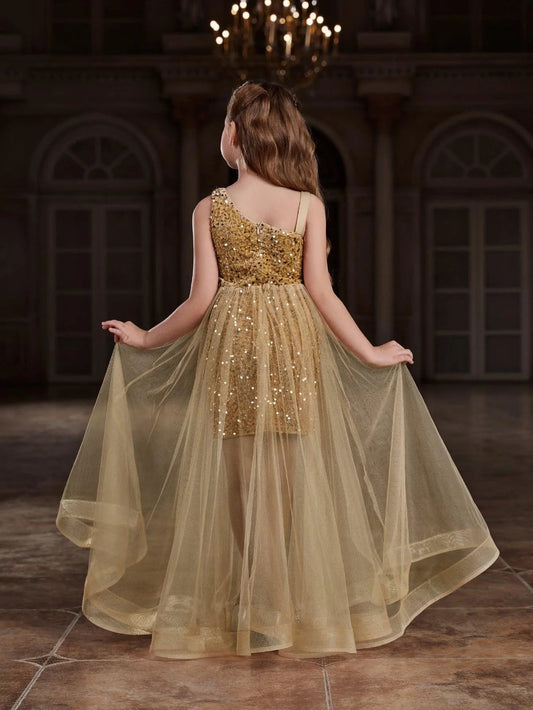 Additional product view of Mesh Overlay Asymmetrical Neckline Sequin A-Line Sleeveless Tween Girls' Party Dress