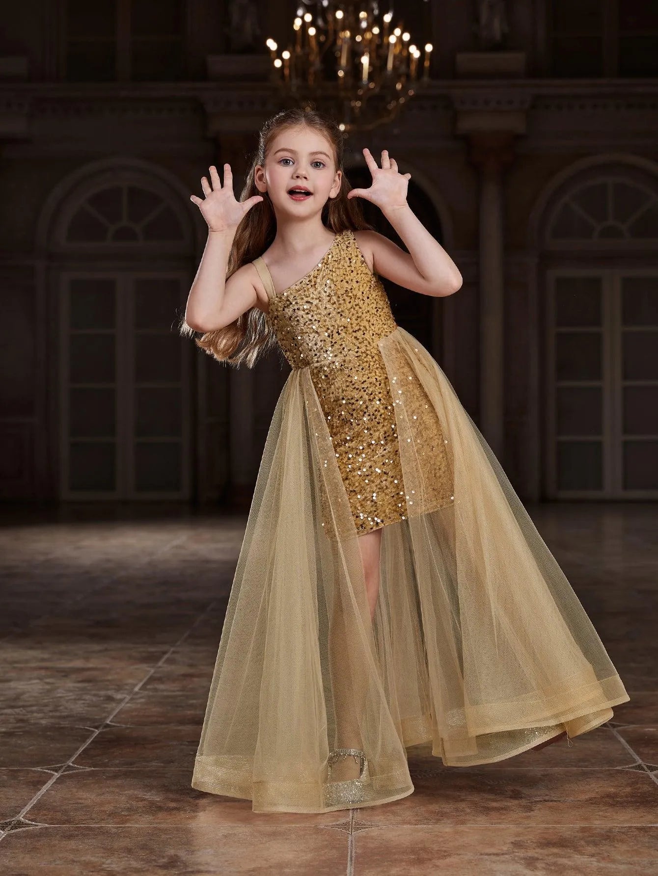 Mesh Overlay Asymmetrical Neckline Sequin A-Line Sleeveless Tween Girls' Party Dress in Champagne