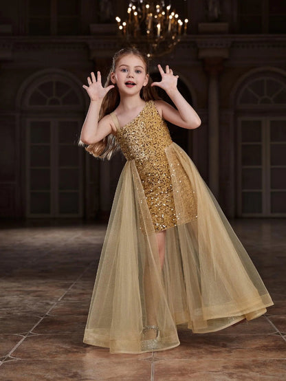 Mesh Overlay Asymmetrical Neckline Sequin A-Line Sleeveless Tween Girls' Party Dress in Champagne