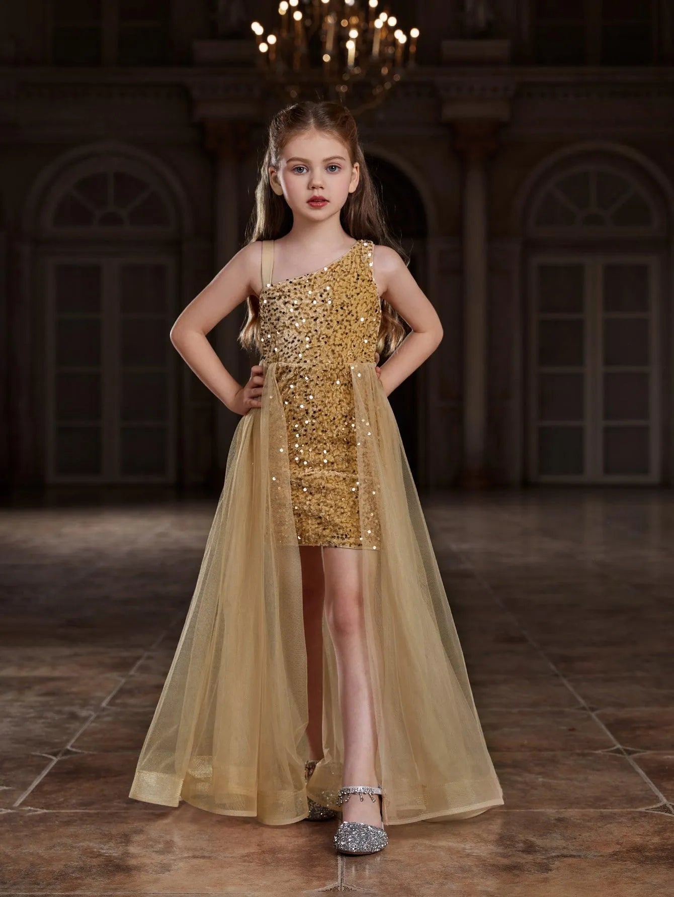 Additional product view of Mesh Overlay Asymmetrical Neckline Sequin A-Line Sleeveless Tween Girls' Party Dress