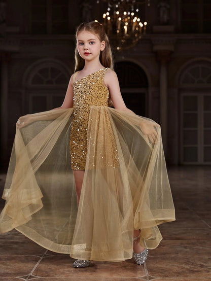 Additional product view of Mesh Overlay Asymmetrical Neckline Sequin A-Line Sleeveless Tween Girls' Party Dress