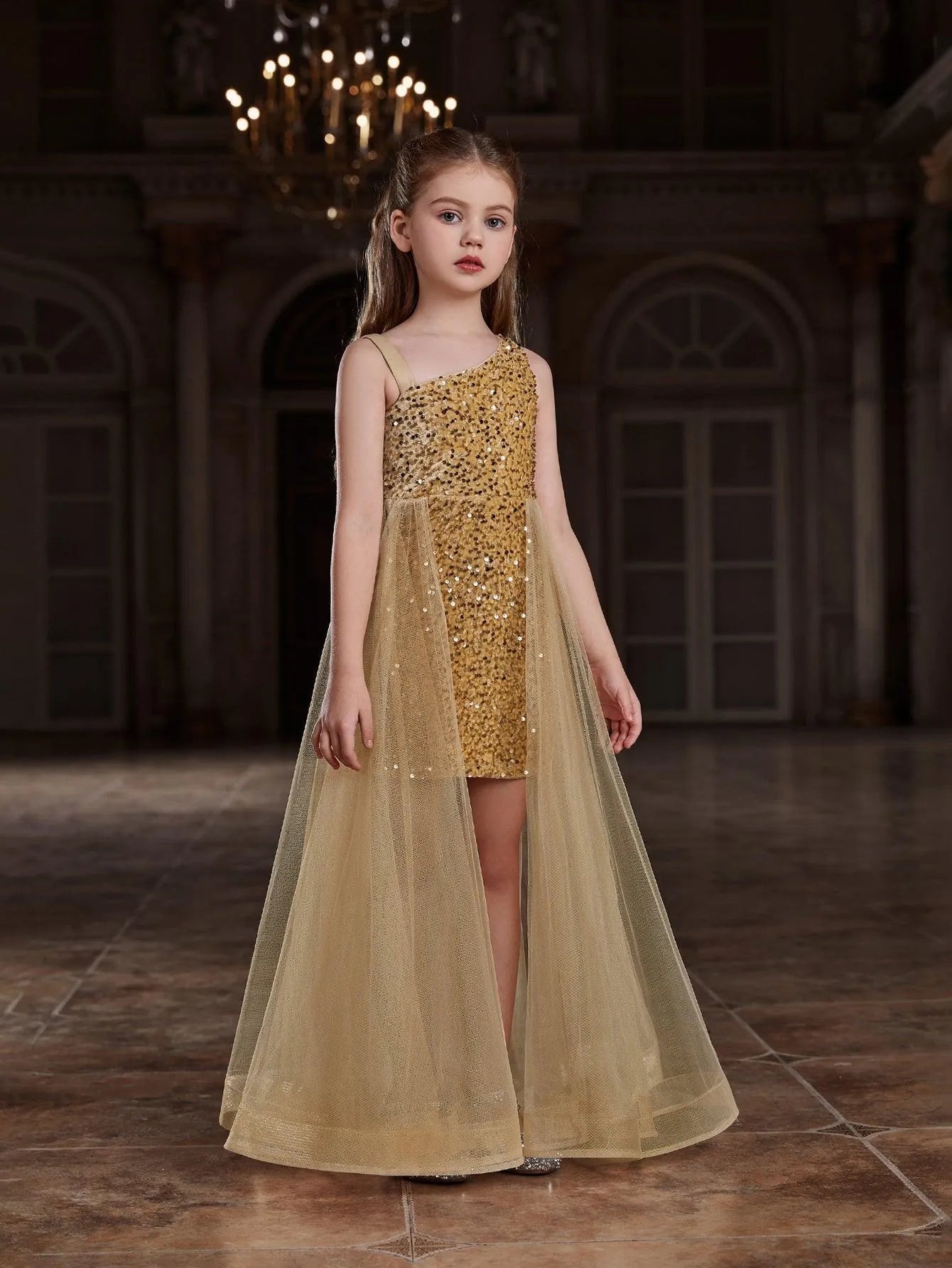 Additional product view of Mesh Overlay Asymmetrical Neckline Sequin A-Line Sleeveless Tween Girls' Party Dress