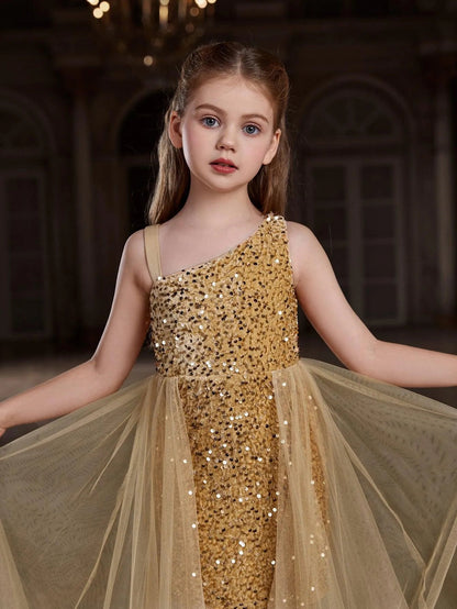 Additional product view of Mesh Overlay Asymmetrical Neckline Sequin A-Line Sleeveless Tween Girls' Party Dress