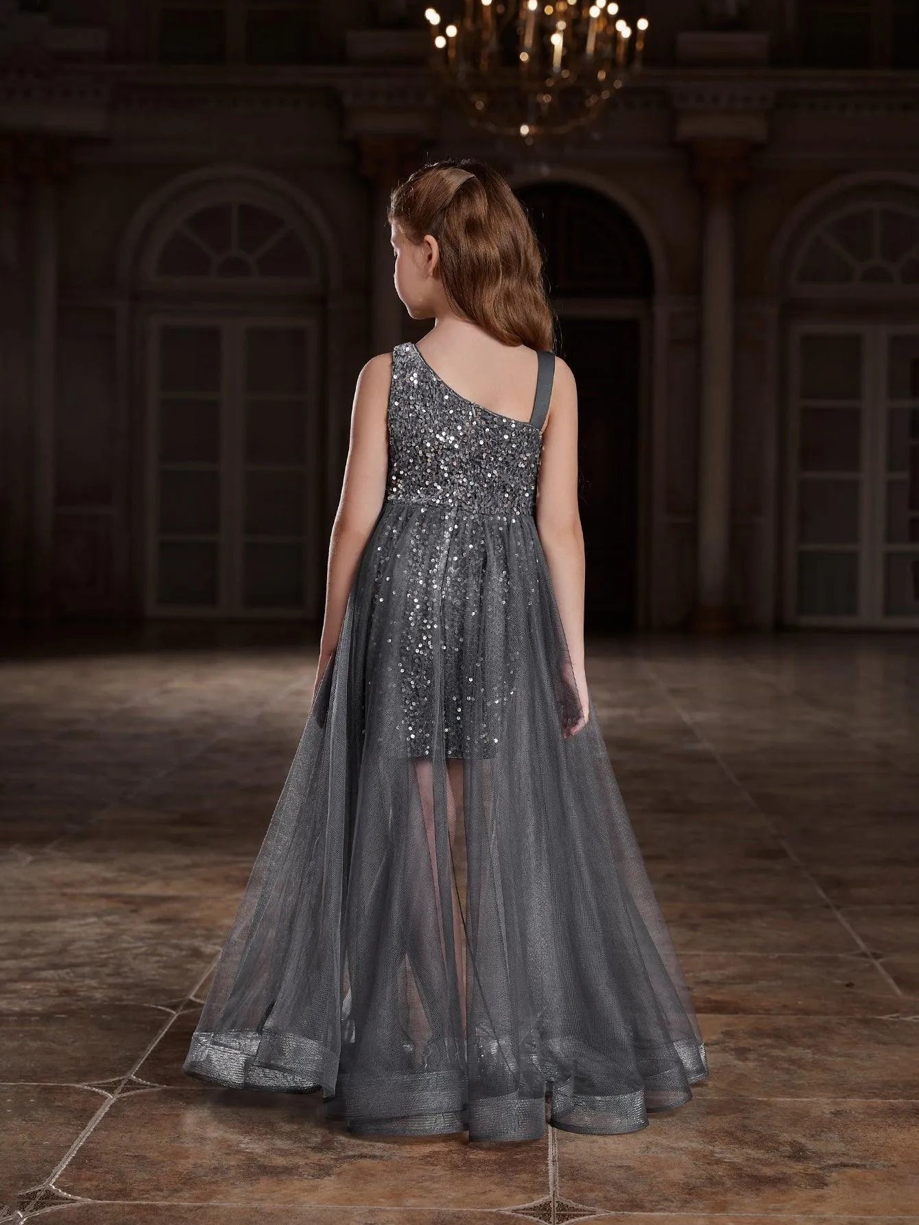 Additional product view of Mesh Overlay Asymmetrical Neckline Sequin A-Line Sleeveless Tween Girls' Party Dress