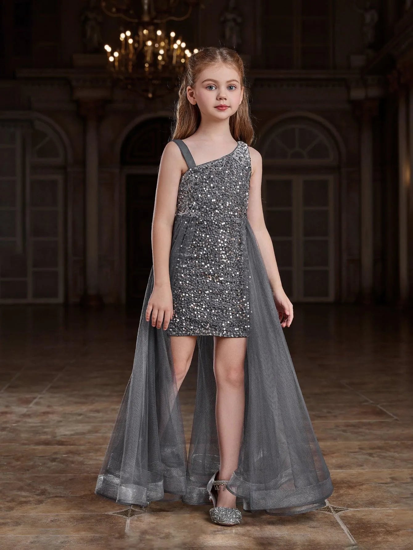 Alternate view of Mesh Overlay Asymmetrical Neckline Sequin A-Line Sleeveless Tween Girls' Party Dress in Grey