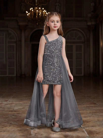 Alternate view of Mesh Overlay Asymmetrical Neckline Sequin A-Line Sleeveless Tween Girls' Party Dress in Grey
