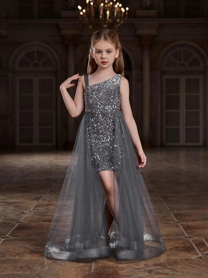 Additional product view of Mesh Overlay Asymmetrical Neckline Sequin A-Line Sleeveless Tween Girls' Party Dress