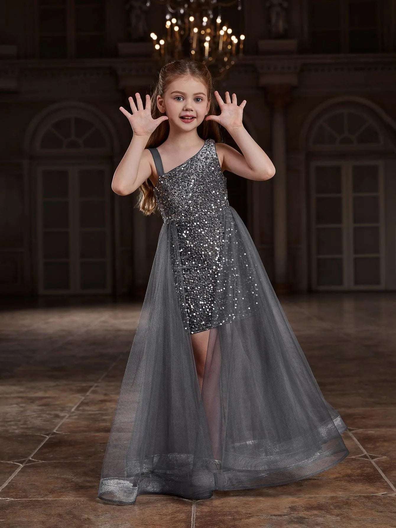 Additional product view of Mesh Overlay Asymmetrical Neckline Sequin A-Line Sleeveless Tween Girls' Party Dress