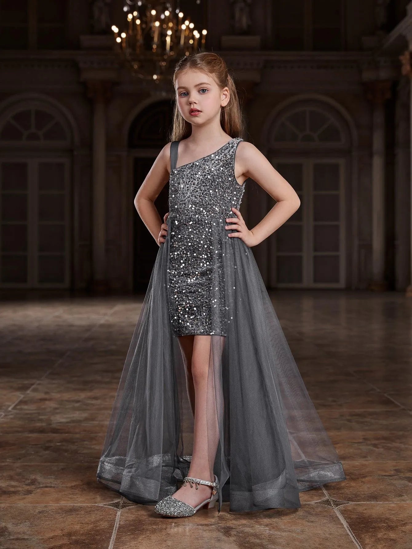 Additional product view of Mesh Overlay Asymmetrical Neckline Sequin A-Line Sleeveless Tween Girls' Party Dress