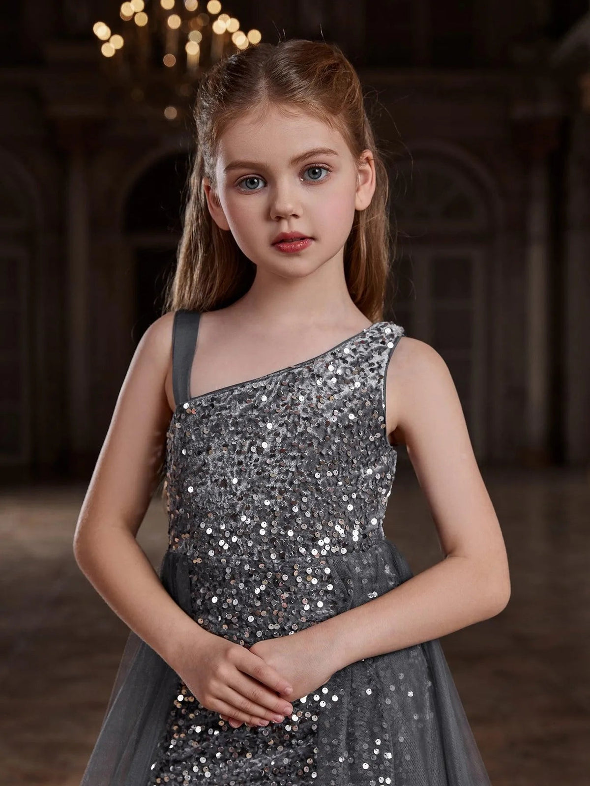 Additional product view of Mesh Overlay Asymmetrical Neckline Sequin A-Line Sleeveless Tween Girls' Party Dress