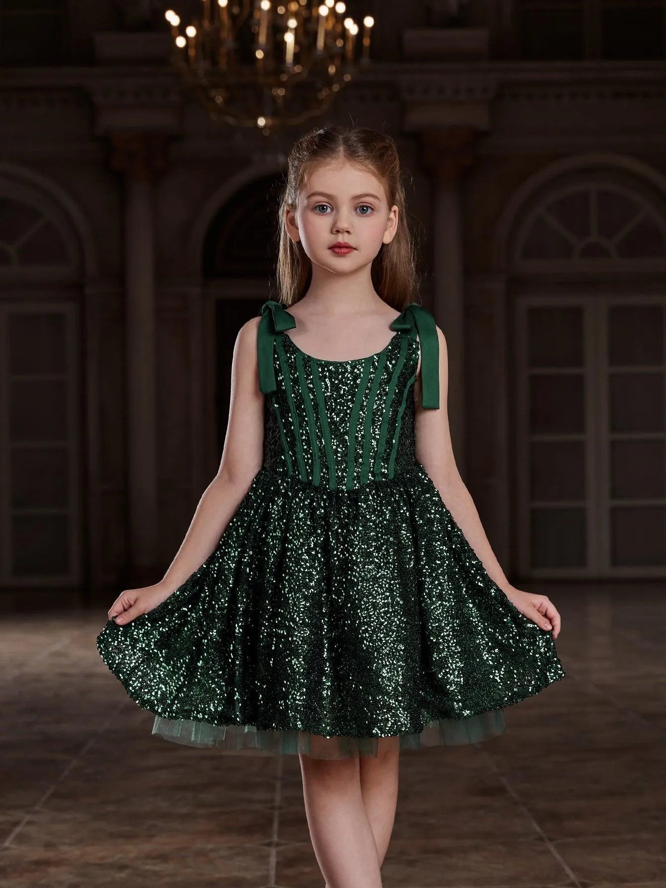 Cami Strap Sequin A-Line Sleeveless Midi Tween Girls' Party Dress in Dark Green