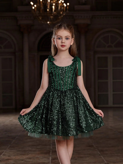 Cami Strap Sequin A-Line Sleeveless Midi Tween Girls' Party Dress in Dark Green