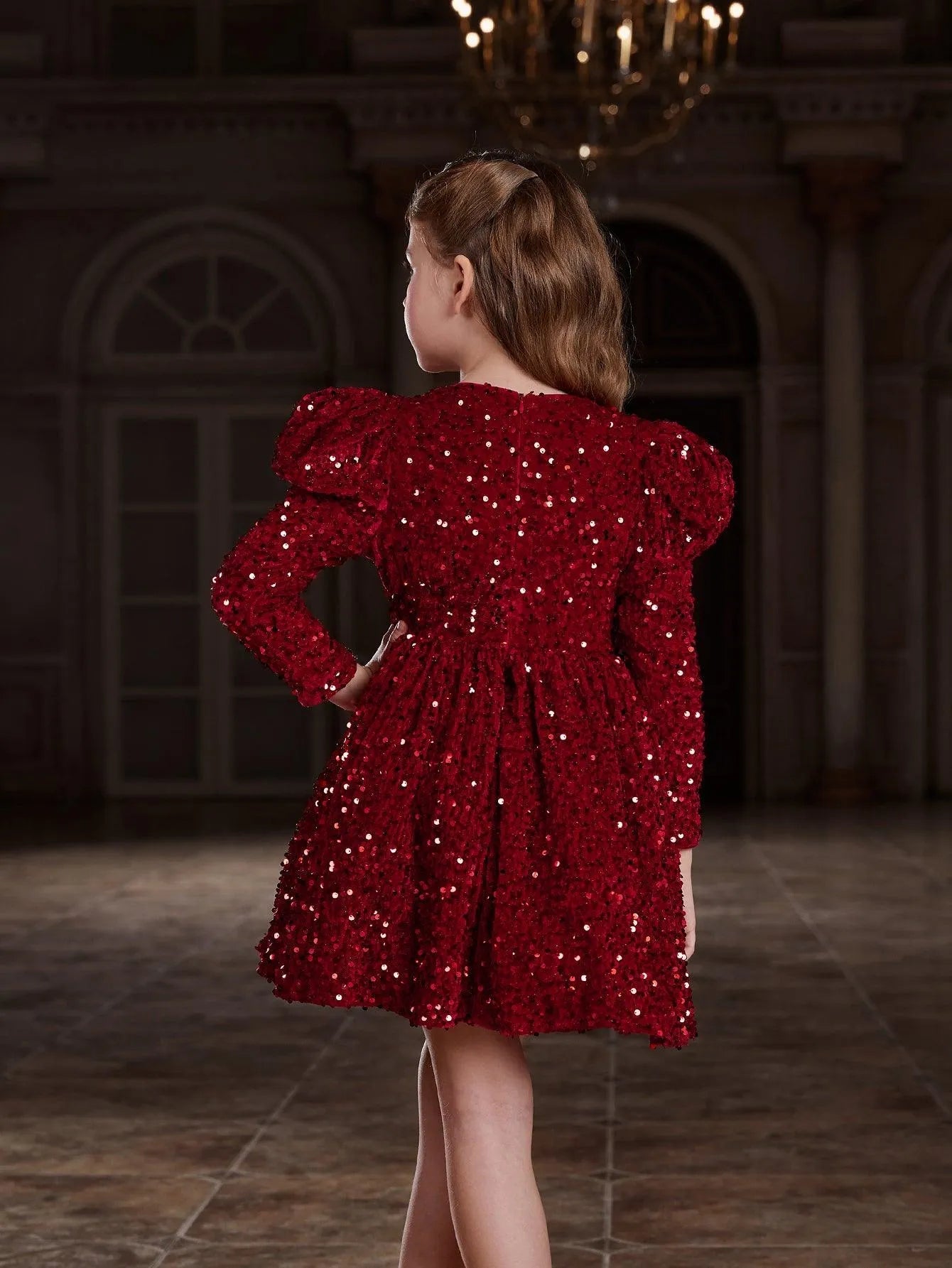Additional product view of Mock-Neck Sequin A-Line Long-Sleeve Midi Tween Girls' Party Dress
