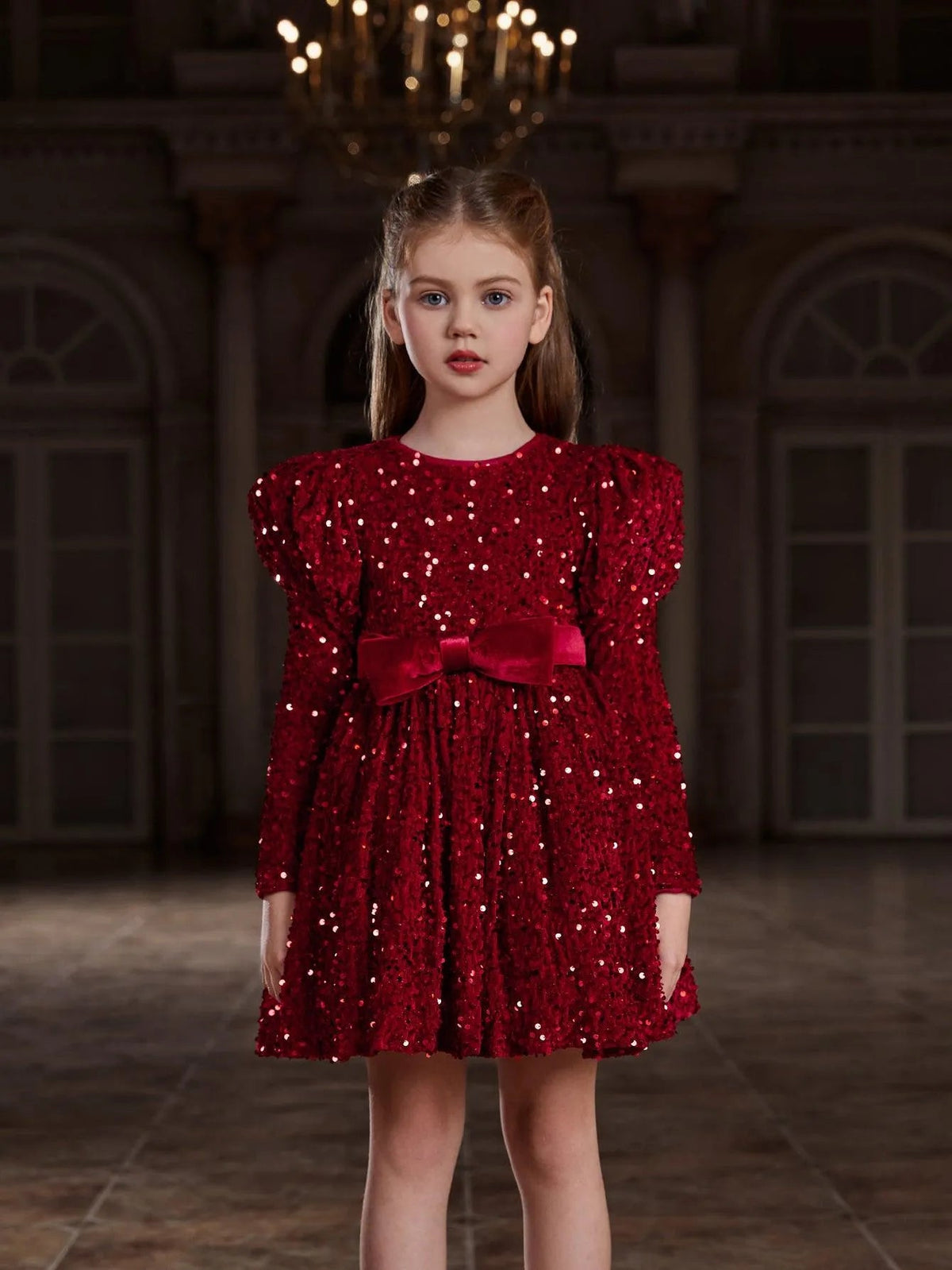 Additional product view of Mock-Neck Sequin A-Line Long-Sleeve Midi Tween Girls' Party Dress