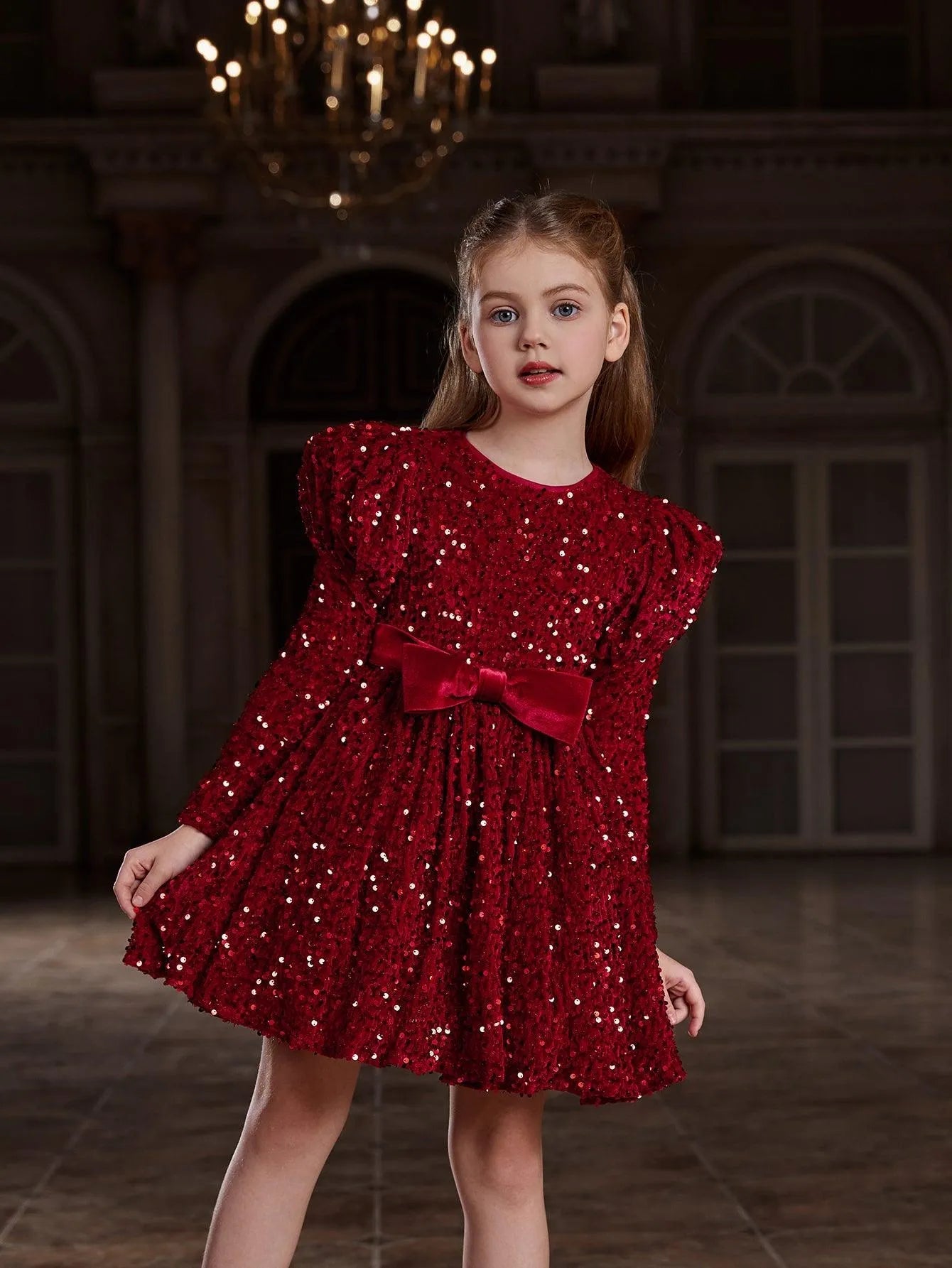 Additional product view of Mock-Neck Sequin A-Line Long-Sleeve Midi Tween Girls' Party Dress