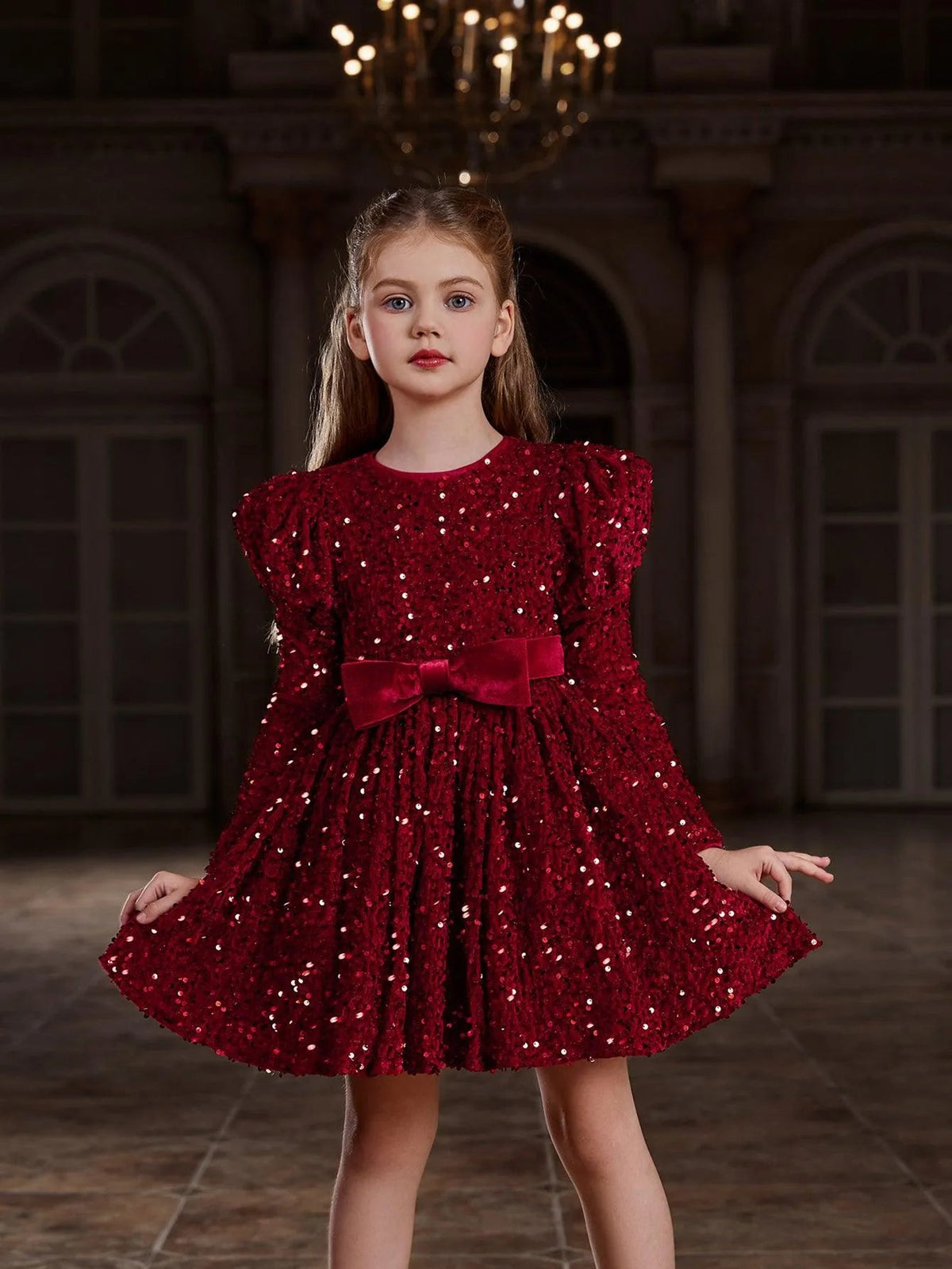 Alternate view of Mock-Neck Sequin A-Line Long-Sleeve Midi Tween Girls' Party Dress in Burgundy