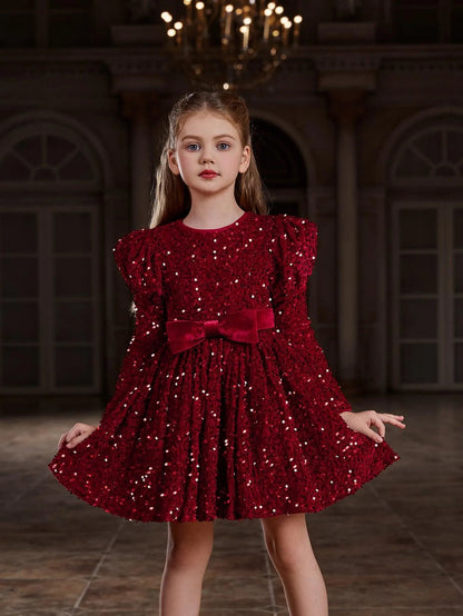 Alternate view of Mock-Neck Sequin A-Line Long-Sleeve Midi Tween Girls' Party Dress in Burgundy