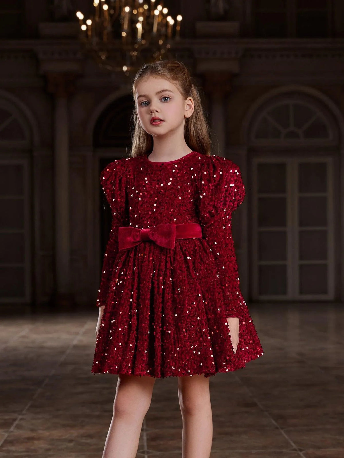 Additional product view of Mock-Neck Sequin A-Line Long-Sleeve Midi Tween Girls' Party Dress