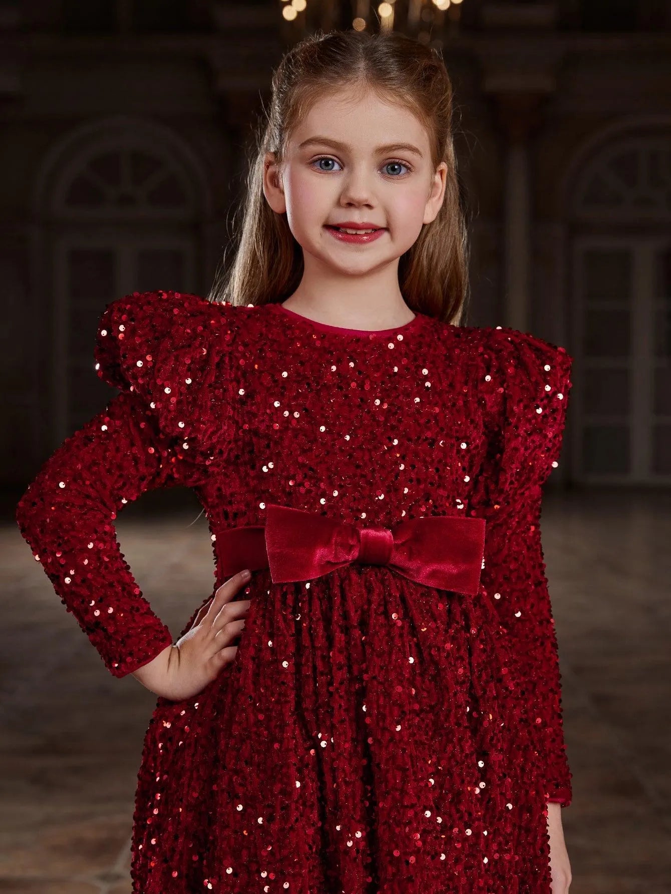 Additional product view of Mock-Neck Sequin A-Line Long-Sleeve Midi Tween Girls' Party Dress