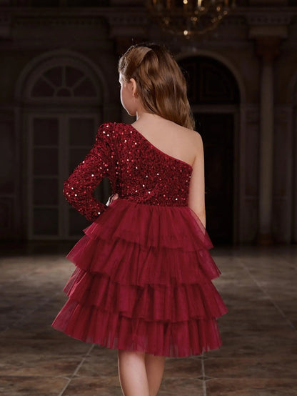 Additional product view of One-Shoulder Sequin A-Line Mesh Midi Tween Girls' Party Dress