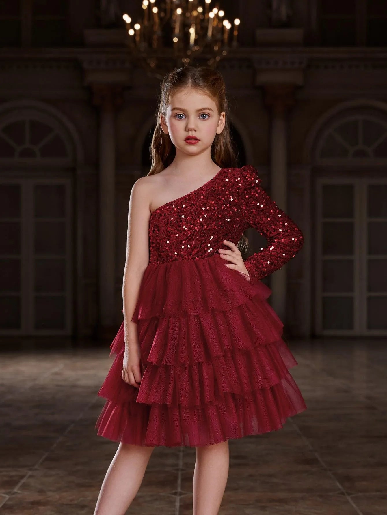 Alternate view of One-Shoulder Sequin A-Line Mesh Midi Tween Girls' Party Dress in Red
