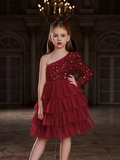 Alternate view of One-Shoulder Sequin A-Line Mesh Midi Tween Girls' Party Dress in Red