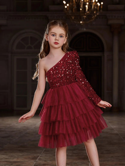 Additional product view of One-Shoulder Sequin A-Line Mesh Midi Tween Girls' Party Dress