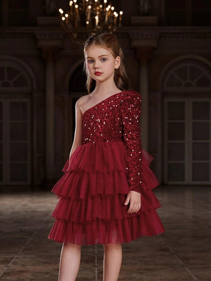 Additional product view of One-Shoulder Sequin A-Line Mesh Midi Tween Girls' Party Dress