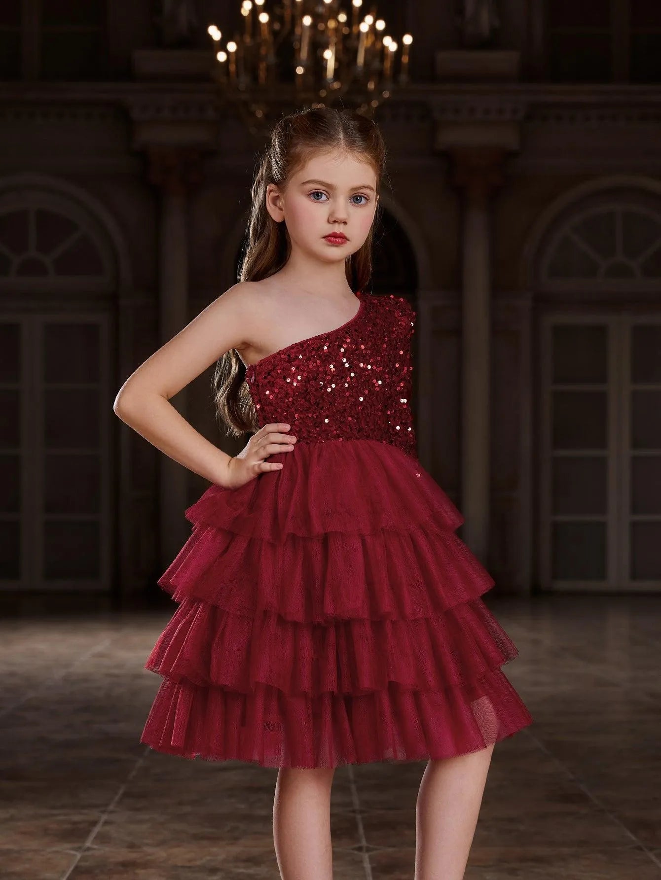 Additional product view of One-Shoulder Sequin A-Line Mesh Midi Tween Girls' Party Dress