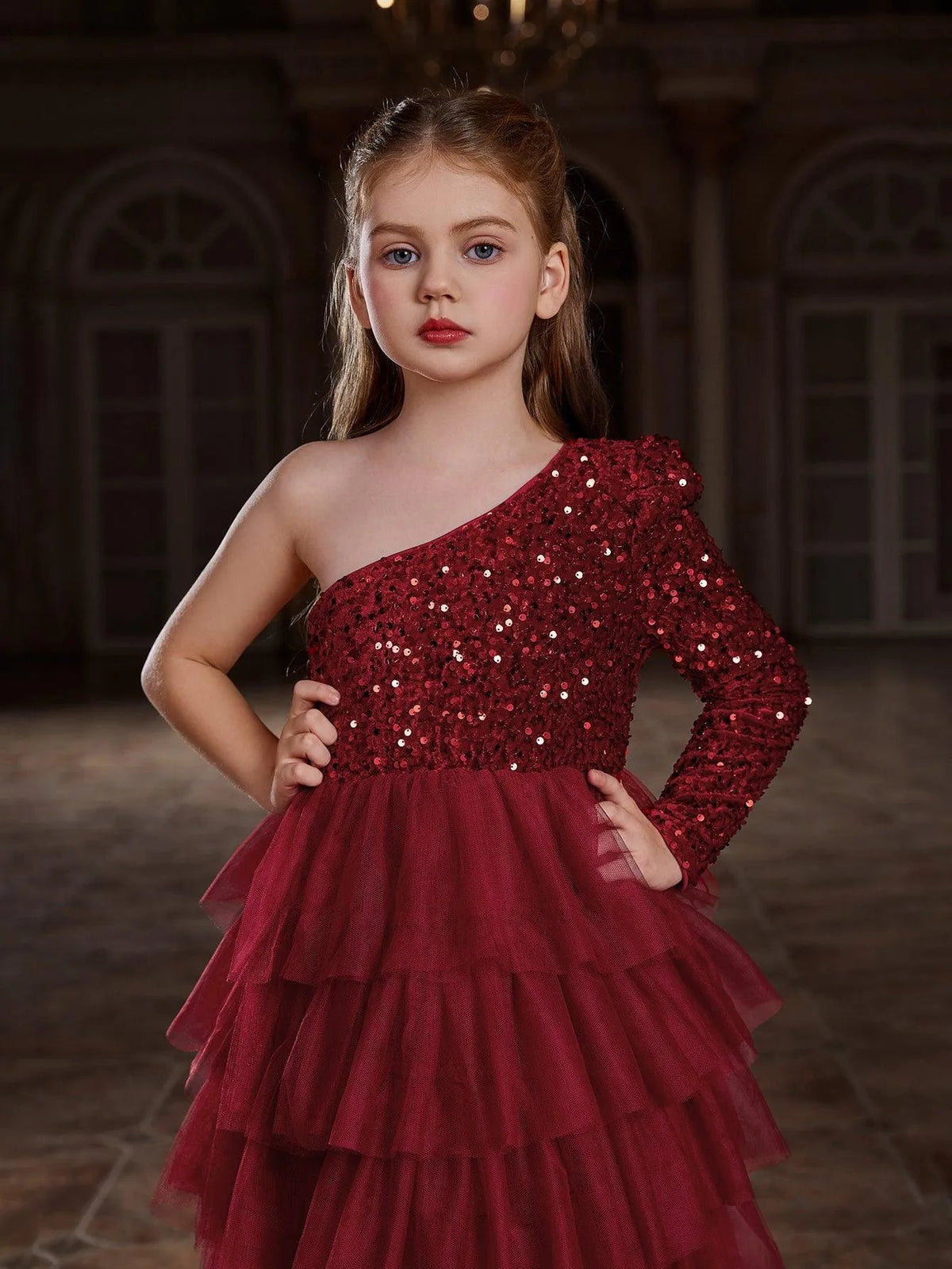 Additional product view of One-Shoulder Sequin A-Line Mesh Midi Tween Girls' Party Dress