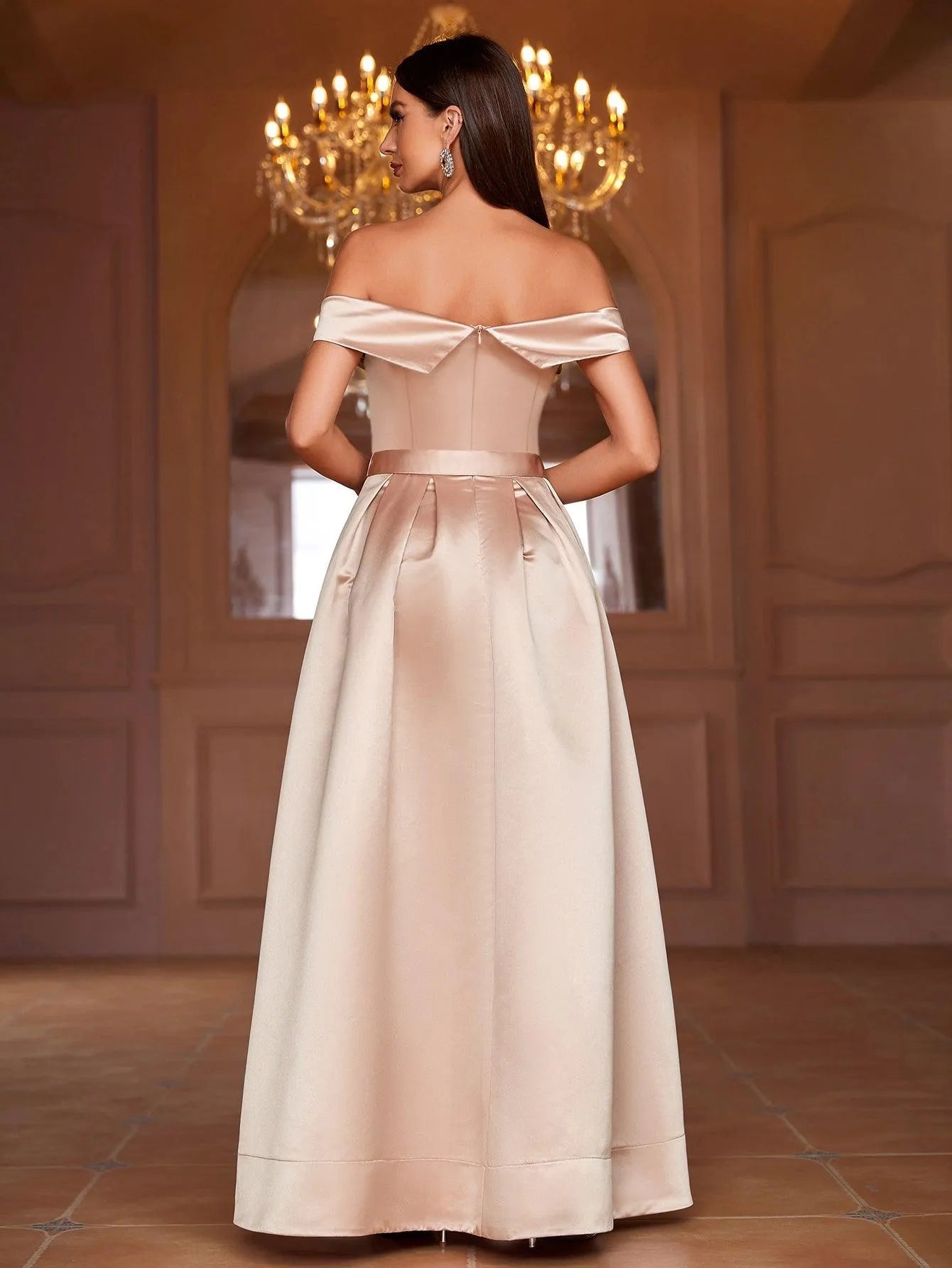 Additional product view of Belted Off-Shoulder Satin High-Slit A-Line Evening Gown