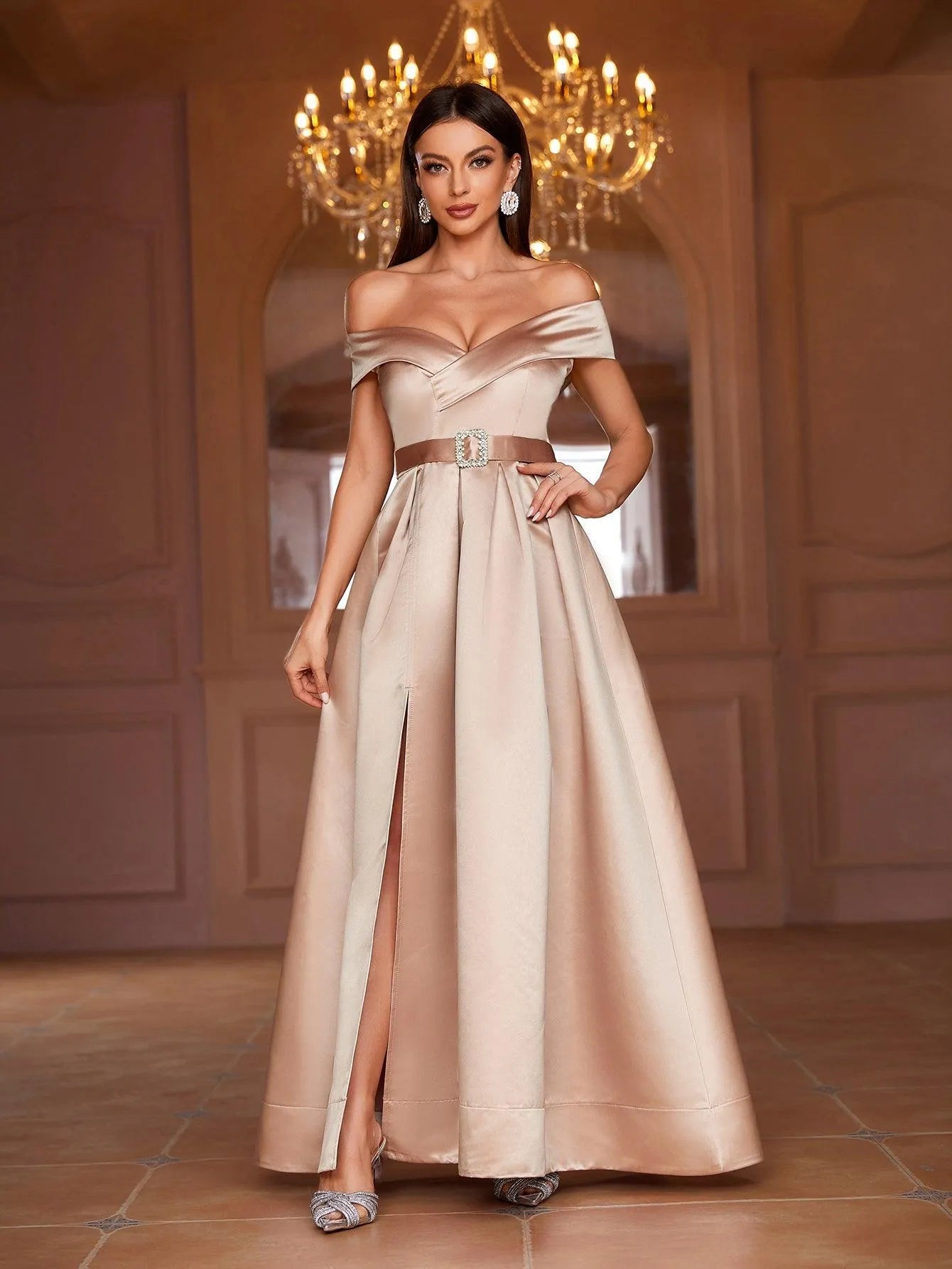 Additional product view of Belted Off-Shoulder Satin High-Slit A-Line Evening Gown