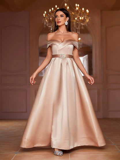 Alternate view of Belted Off-Shoulder Satin High-Slit A-Line Evening Gown in Champagne