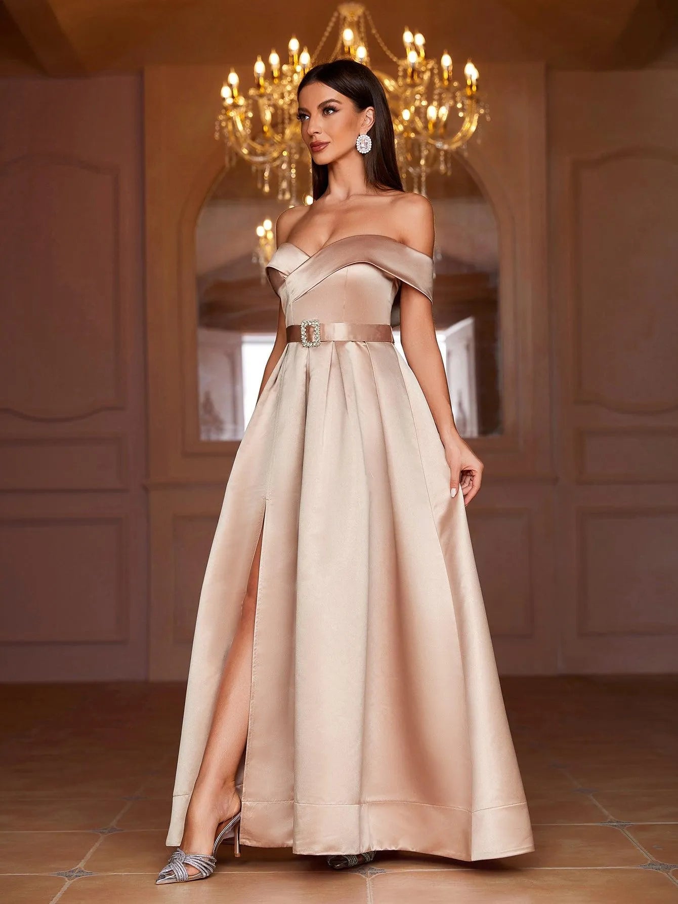 Additional product view of Belted Off-Shoulder Satin High-Slit A-Line Evening Gown