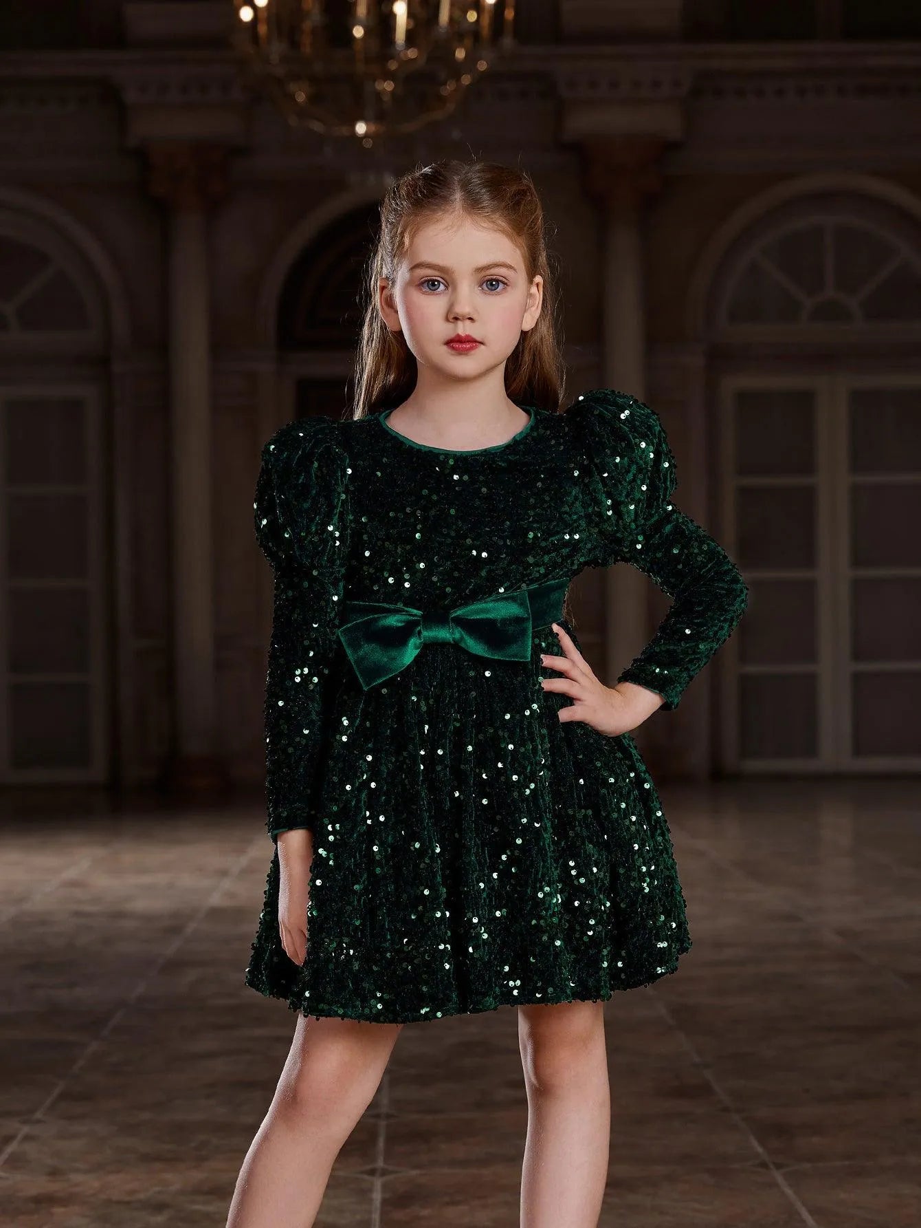 Additional product view of Mock-Neck Sequin A-Line Long-Sleeve Midi Tween Girls' Party Dress
