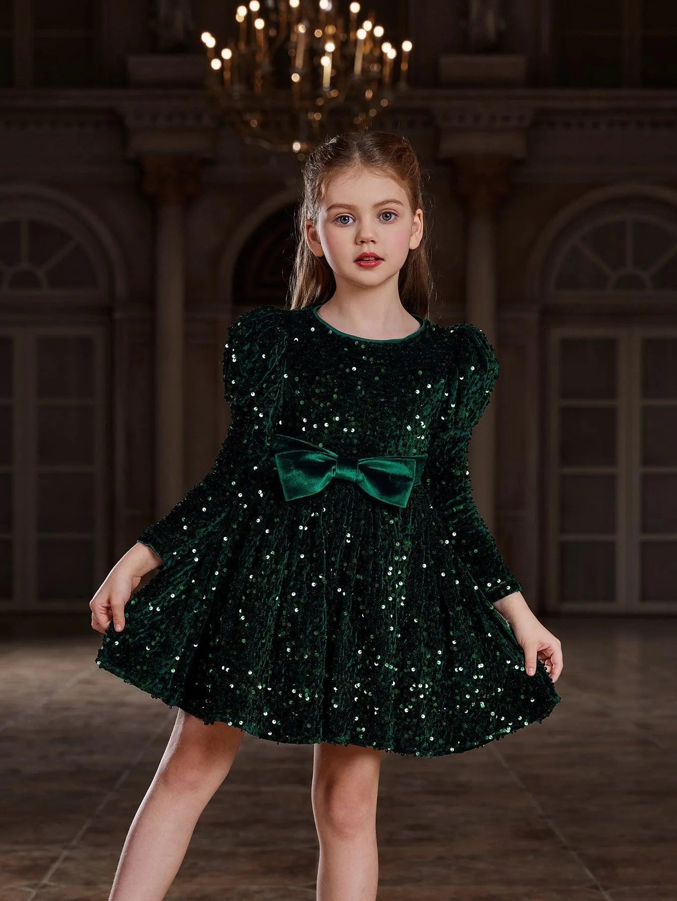 Alternate view of Mock-Neck Sequin A-Line Long-Sleeve Midi Tween Girls' Party Dress in Dark Green