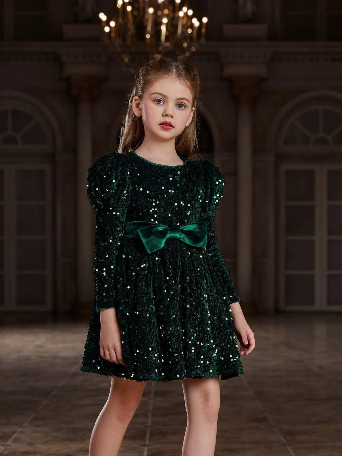 Additional product view of Mock-Neck Sequin A-Line Long-Sleeve Midi Tween Girls' Party Dress