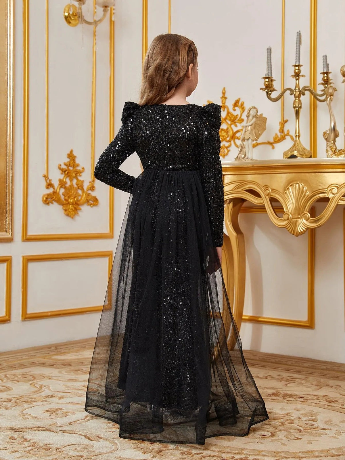 Additional product view of Mesh Overlay V-Neck Sequin Mermaid Long-Sleeve Tween Girls' Party Dress