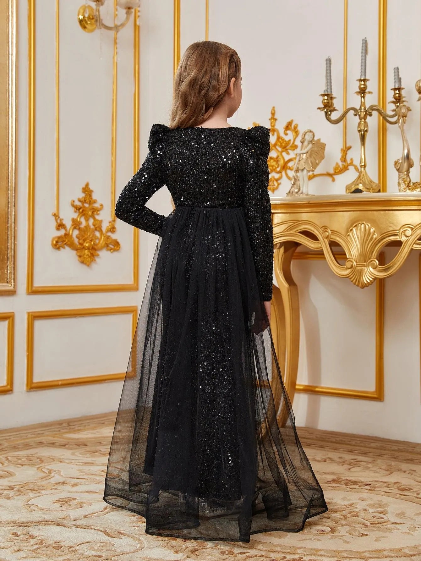 Additional product view of Mesh Overlay V-Neck Sequin Mermaid Long-Sleeve Tween Girls' Party Dress