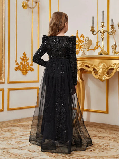 Additional product view of Mesh Overlay V-Neck Sequin Mermaid Long-Sleeve Tween Girls' Party Dress