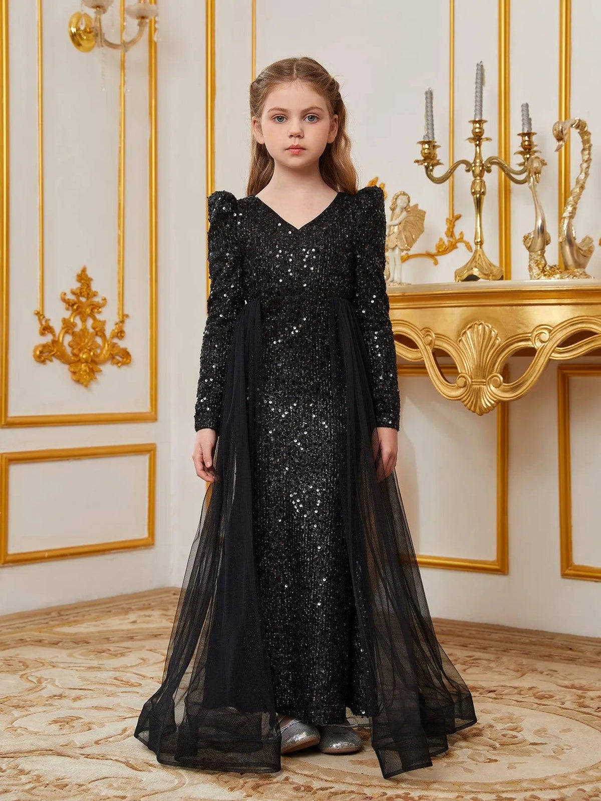 Additional product view of Mesh Overlay V-Neck Sequin Mermaid Long-Sleeve Tween Girls' Party Dress