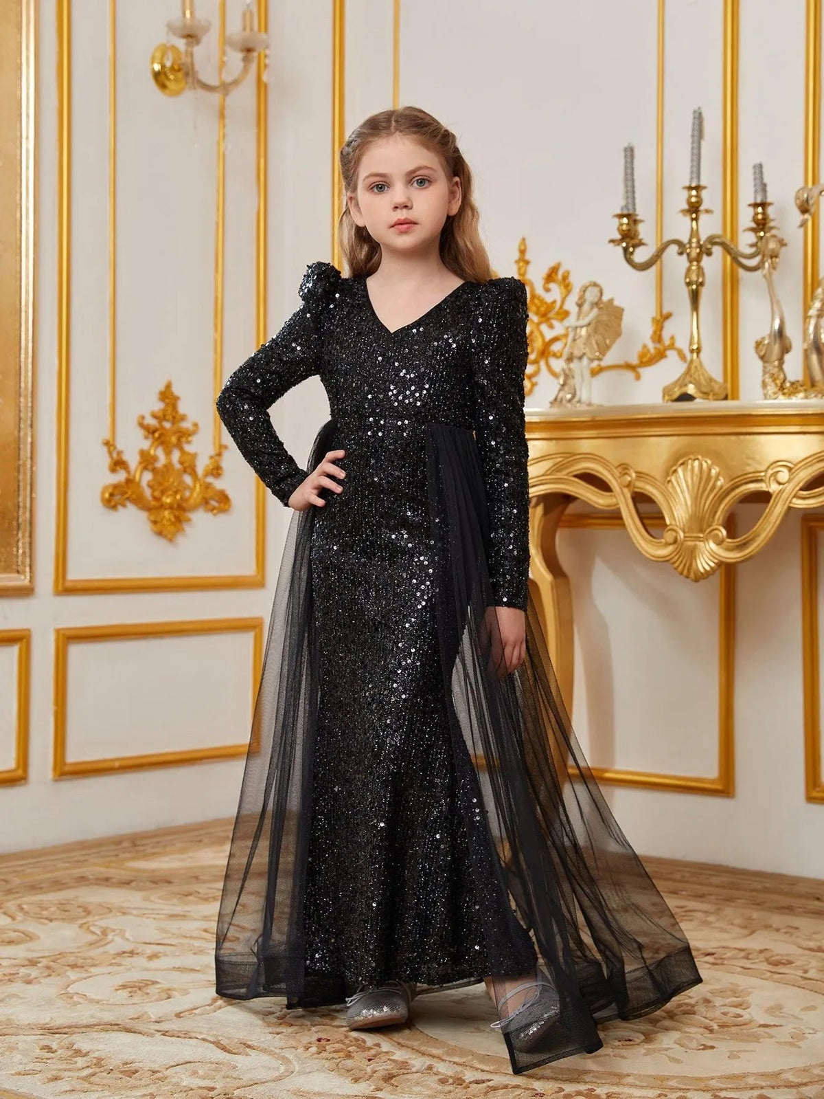 Alternate view of Mesh Overlay V-Neck Sequin Mermaid Long-Sleeve Tween Girls' Party Dress in Black