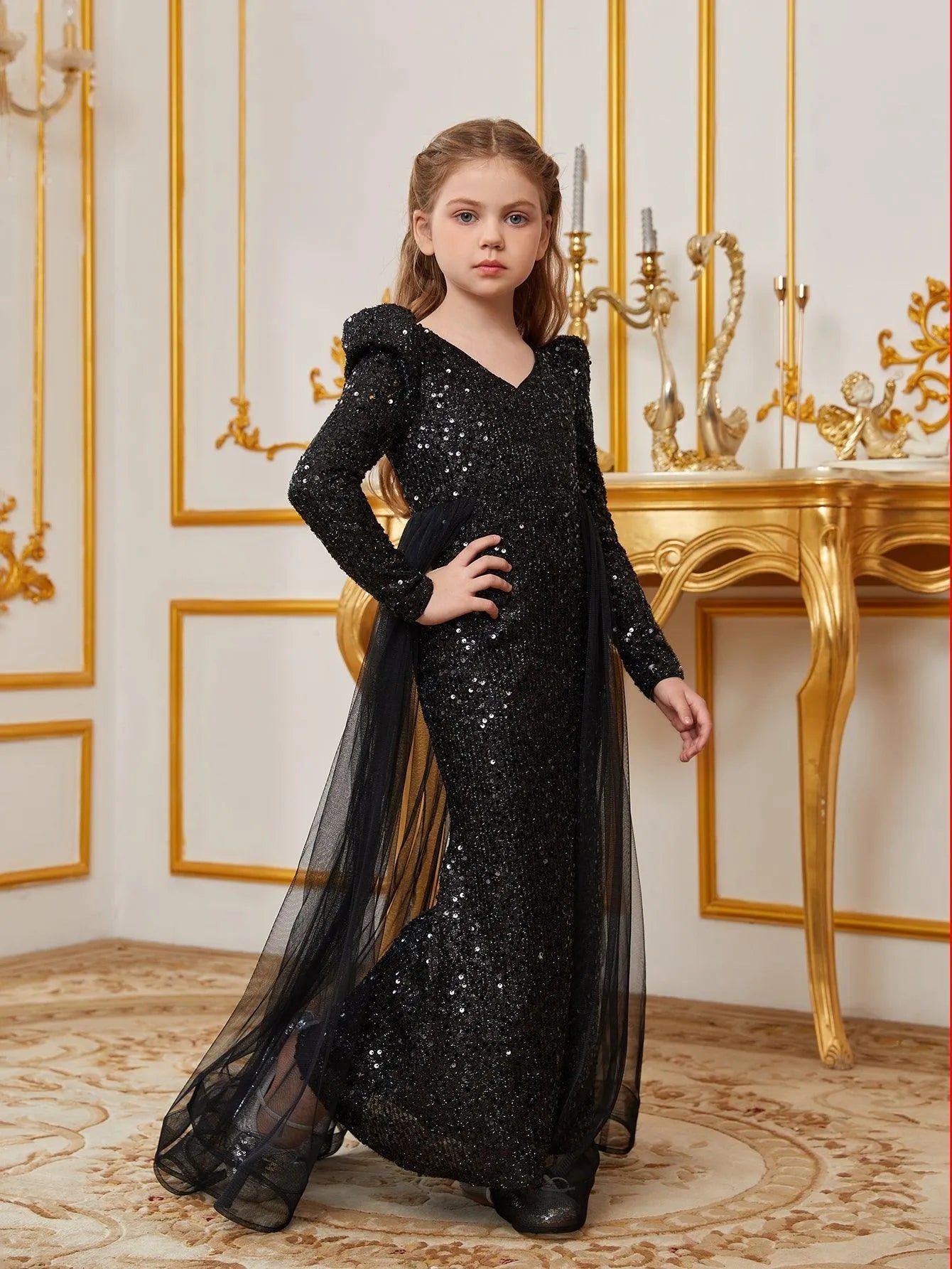 Additional product view of Mesh Overlay V-Neck Sequin Mermaid Long-Sleeve Tween Girls' Party Dress