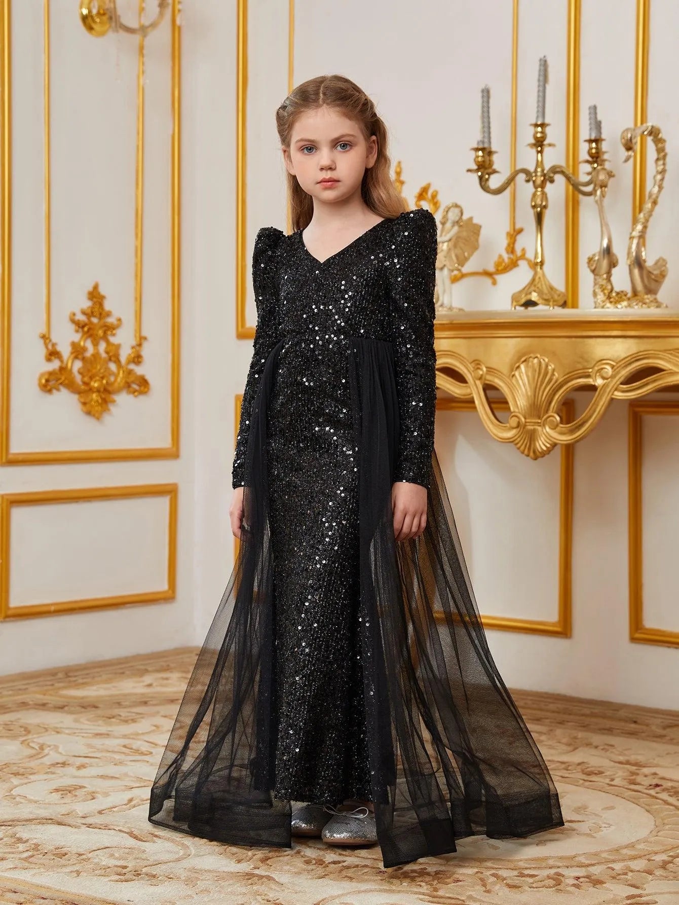 Additional product view of Mesh Overlay V-Neck Sequin Mermaid Long-Sleeve Tween Girls' Party Dress