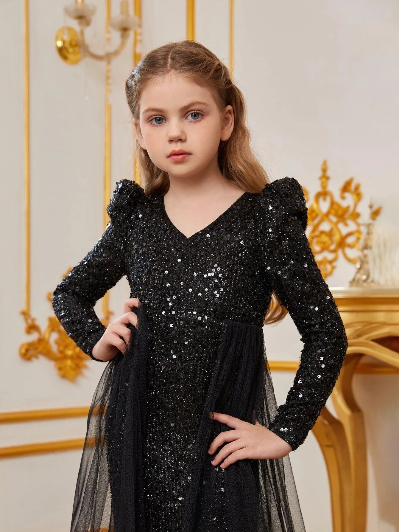 Additional product view of Mesh Overlay V-Neck Sequin Mermaid Long-Sleeve Tween Girls' Party Dress