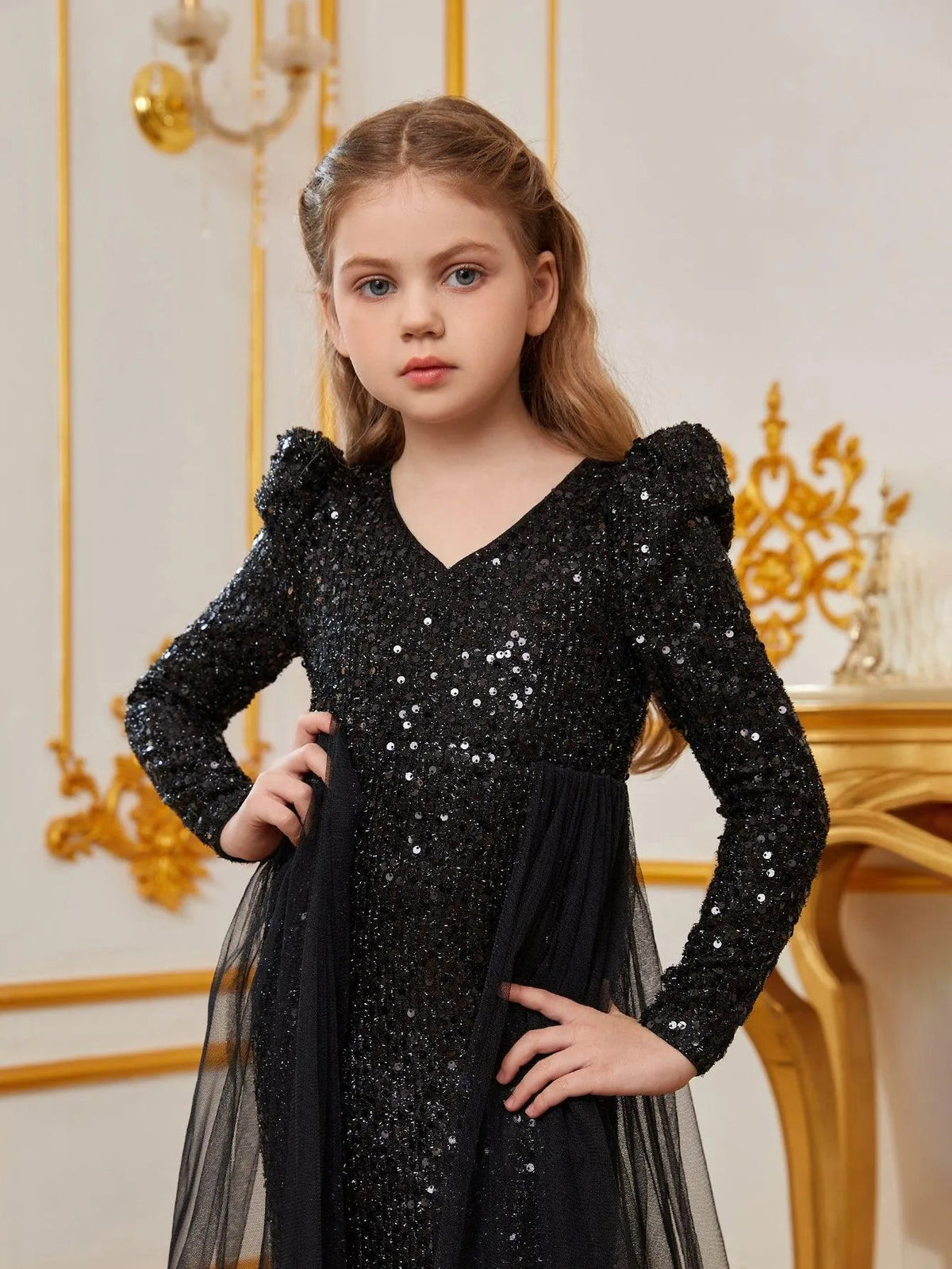 Additional product view of Mesh Overlay V-Neck Sequin Mermaid Long-Sleeve Tween Girls' Party Dress